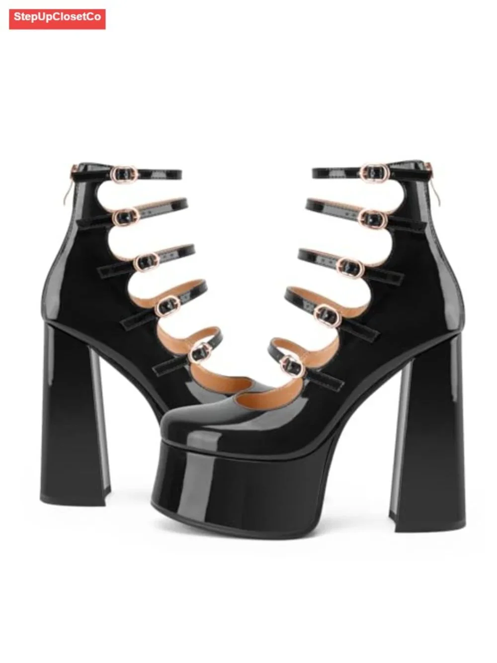 Patent Leather Platform Mary Jane Heels Chunky Block Heel Adjustable Strap